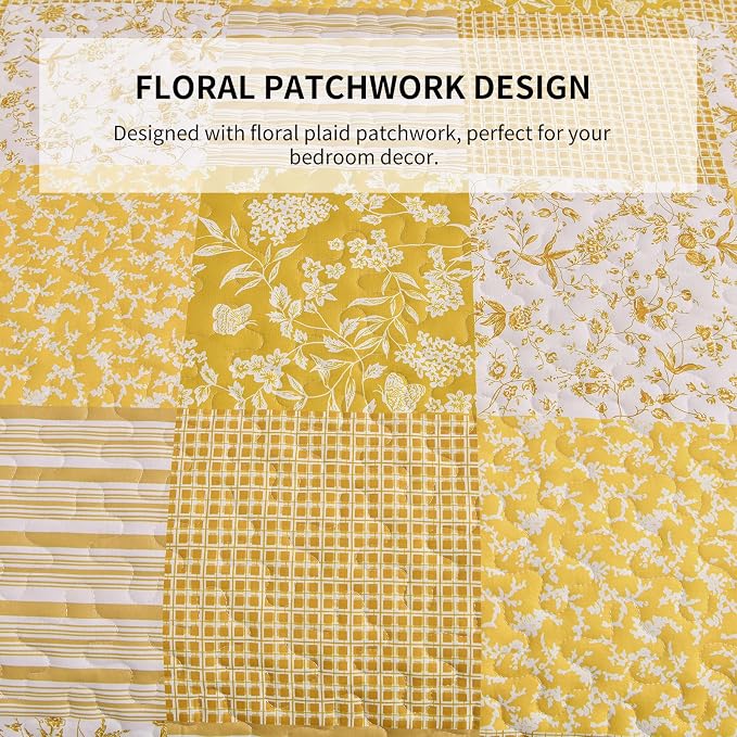 Mybedsoul Yellow Boho Quilt Set King Size, 3 Pieces Plaid Floral Bedspread - Image 6