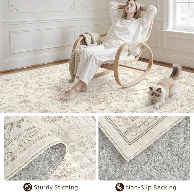 6x9 Area Rugs Living Room: Bedroom Washable Carpet Beige White | Vintage Boho - Image 4