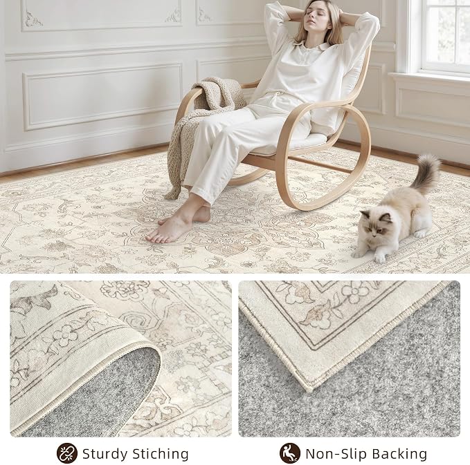 5x7 Area Rugs Living Room: Bedroom Washable Carpet Beige White | Vintage Boho - Image 4