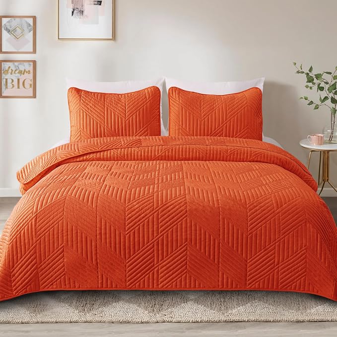 Exclusivo Mezcla Ultrasonic Full Queen Quilt Bedding Set, Burnt Orange | - Image 2