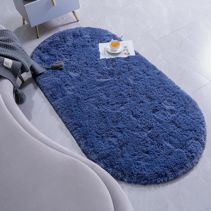 Goideal Fluffy Bedroom Rug, Small Oval Area Rugs, Light Navy Shag Bedside Carpet - Image 3