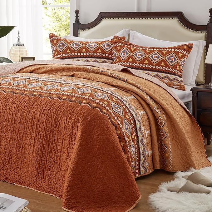 2 Pieces Twin Size Quilt Set Burnt Orange Rust Bohemian Bedspread Coverlet by LEAONME