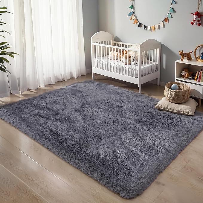 5x8 Thick Grey Fluffy Shag Rug for Bedroom, Plush Washable Carpet | Area Rug - Image 6