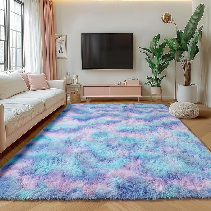 Rainbow Rugs for Girls Bedroom, 5x8 Fluffy Bedside Throw Area Rug, Soft Plush by ONASAR