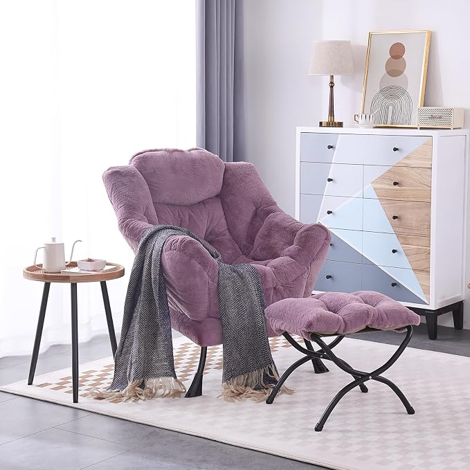Lazy Chair with Ottoman, Comfy Accent Reading Chair, Plush Purple | Foldable - Image 2