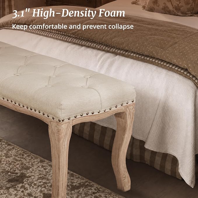 Bedroom Bench, French Vintage Tufted Entryway Bench, 45.2" Carving Upholstered - Image 7