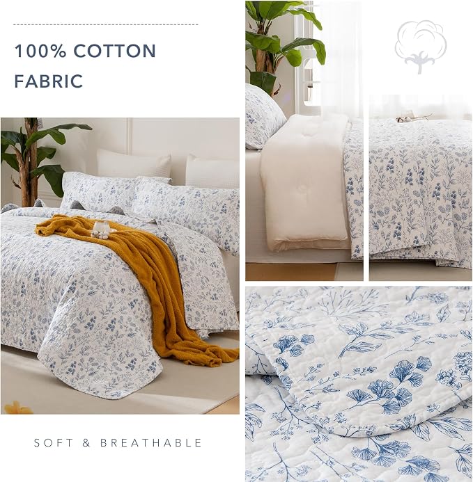 QSH Blue & White Floral Cotton Quilt Set Queen, 3 Pieces Botanical Flower - Image 4