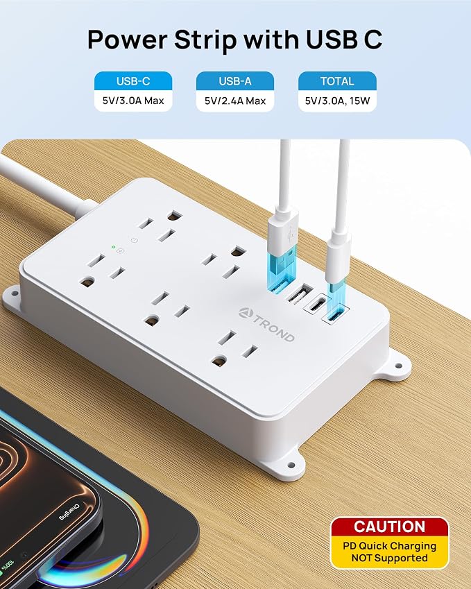 TROND 360° Rotating Plug Power Strip, 10ft Extension Cord, 5 Widely-Spaced - Image 3