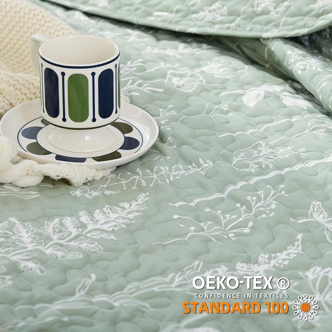 JANZAA Twin Quilt, Sage Green Quilt Set Floral Bedspread 2 Pcs Bedding Set | - Image 2