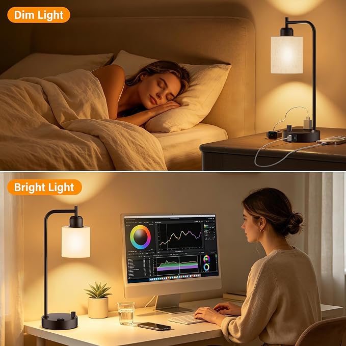 Industrial Table Lamps with Linen Shade, 2 LED Bulbs Included - Image 7