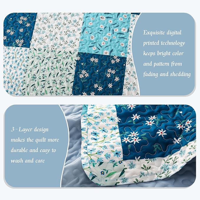 Whale Flotilla Patchwork Quilts Queen Size, Extra Soft Floral Bedspreads | Blue - Image 5