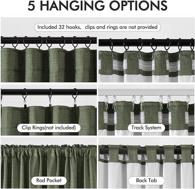 MIULEE 100% Blackout Back Tab Pleat Linen Curtains 50" Wx84 L, Olive Green | 2 - Image 6