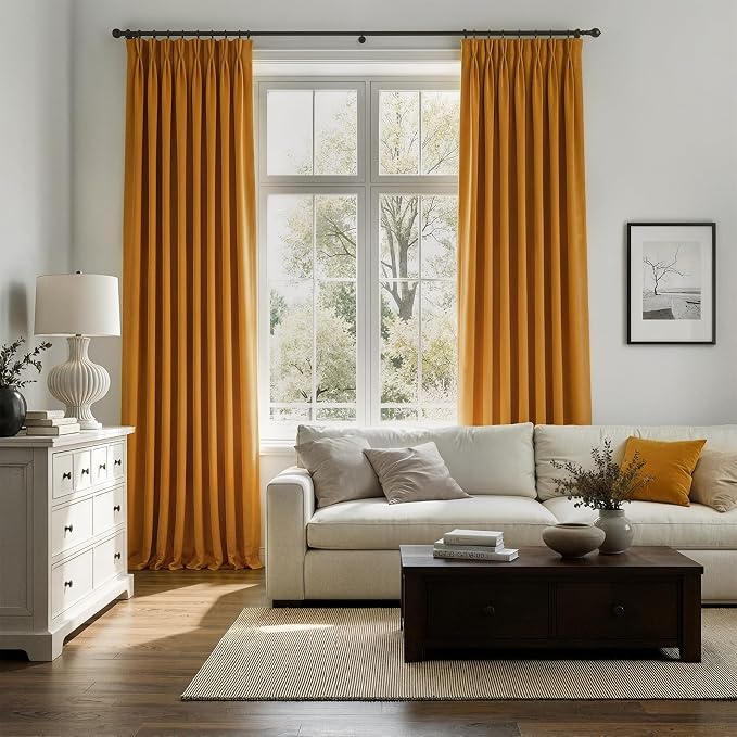 Mustard Yellow Velvet Pleated Curtains 84 Inches Long - Image 3