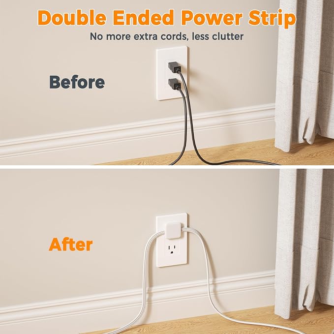 TESSAN Double Ended Flat Plug Power Strip, Twin Extension Cord 12 FT, Dual - Image 3