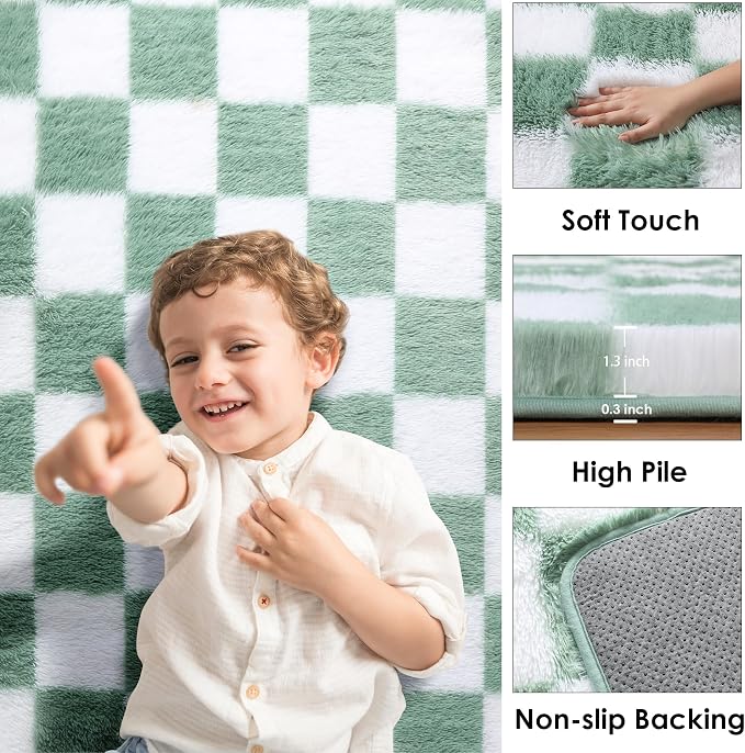 KICMOR 4x6 Rug for Bedroom Living Room, Fluffy Sage Green and White Checkered - Image 2