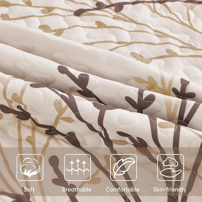 DJY Queen Size Quilt Set Beige Branch Botanical Bedspread Coverlet Set | 3 - Image 5