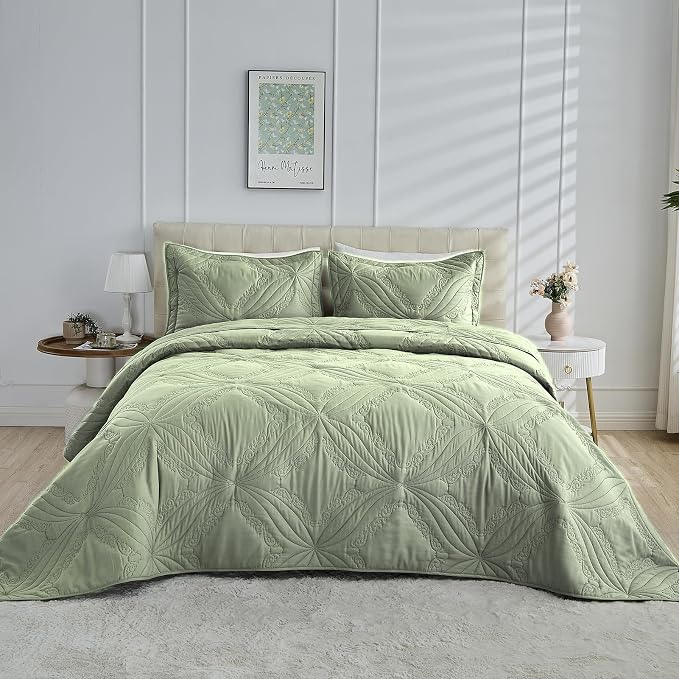 Kingnex Oversized King Bedspreads 128x120 Ultrasonic Quilted Sage | Extra Wide - Image 2
