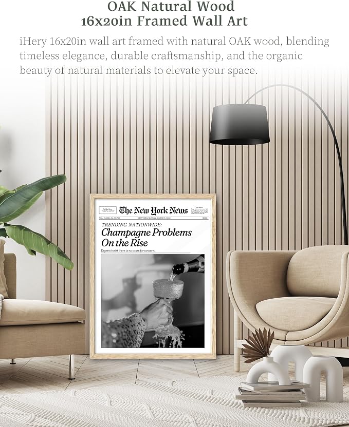 iHery 16x20in Champagne Problems on the Rise Framed Newspaper Art | Natural OAK - Image 2