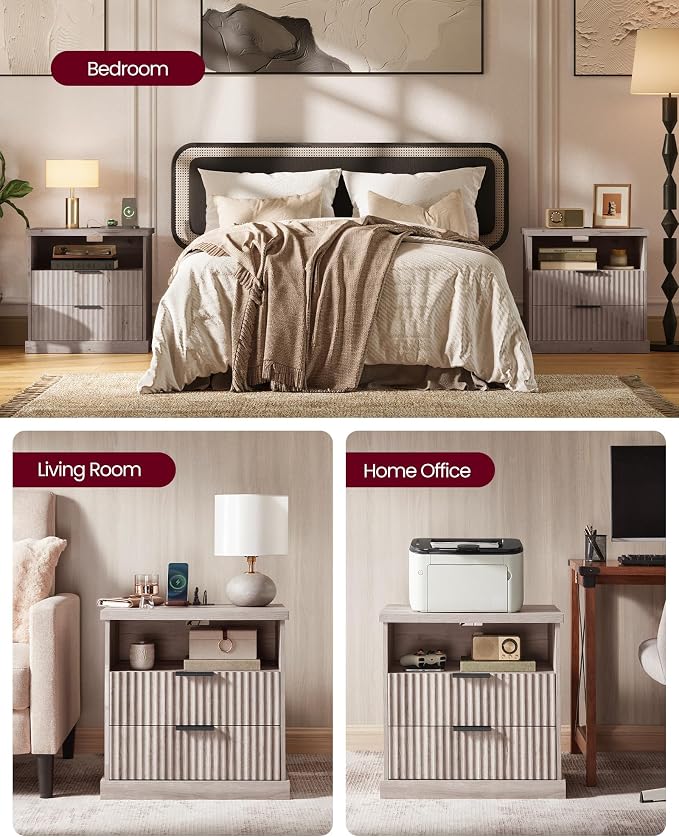 VASAGLE Nightstand with Charging Station, 2 Drawers, Open Shelf | Bedside Table - Image 7