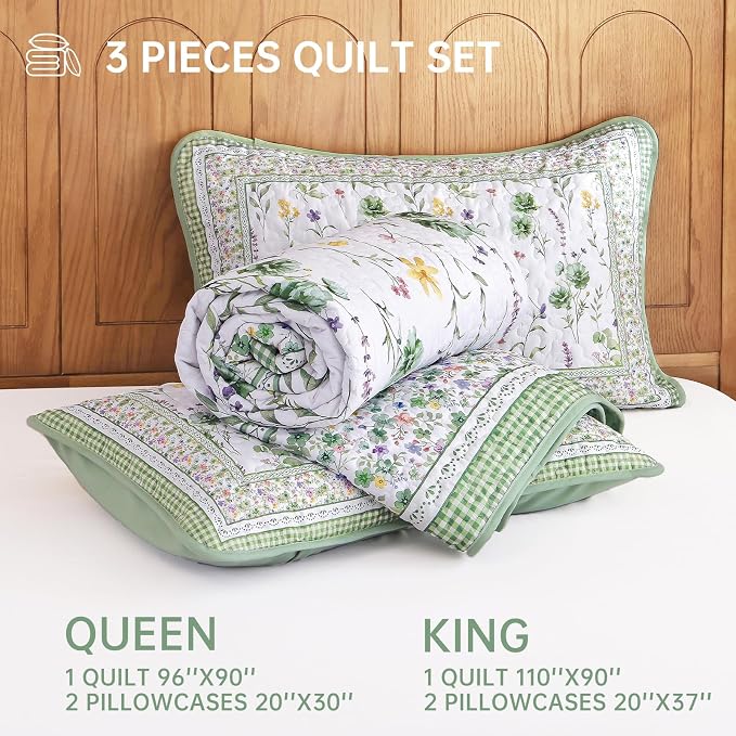 WONGS BEDDING Floral Quilt Set King, Microfiber Lightweight Farmhouse Bed Cover - Image 7