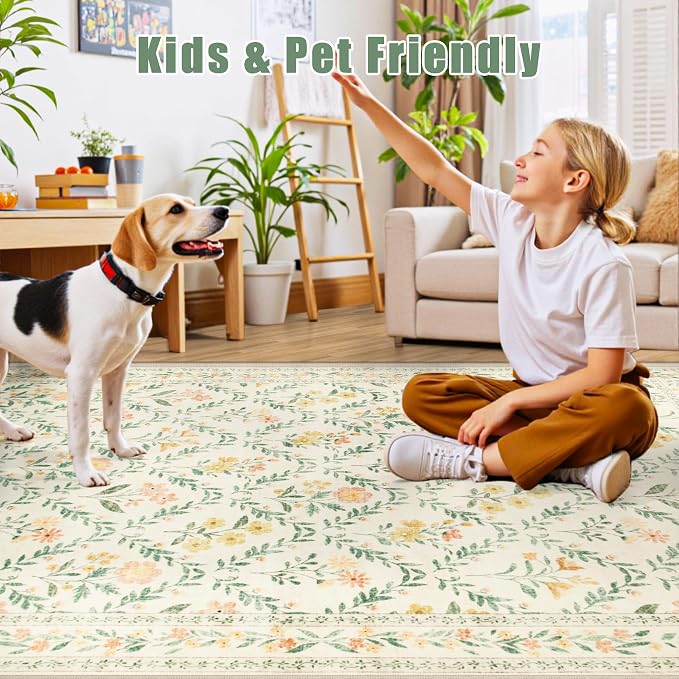 PLHXFR Area Rug Living Room: 3x5 Floral Washable Boho Carpet Beige Multi | - Image 6