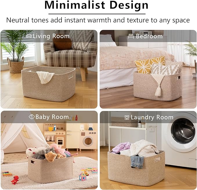 OIAHOMY Cotton Rope Basket, Rectangle Woven Nursery Blanket Basket, Toy Storage - Image 6