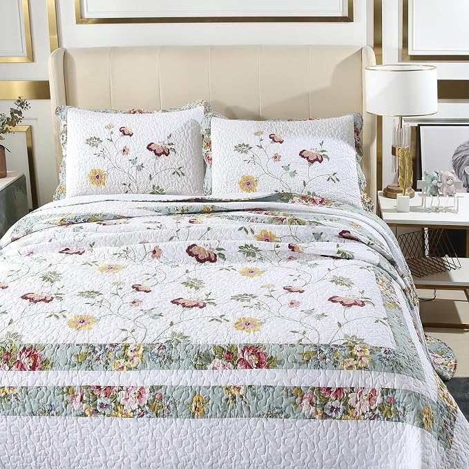 ROOMLIFE 100% Cotton Quilt Set Queen Elegant Floral Embroidery 3-Piece | - Image 4