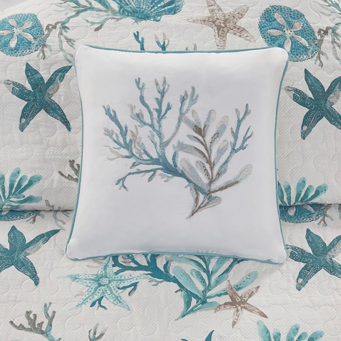 Madison Park Cotton Coastal Starfish Aqua Queen Quilt Set, Down Alternative - Image 4