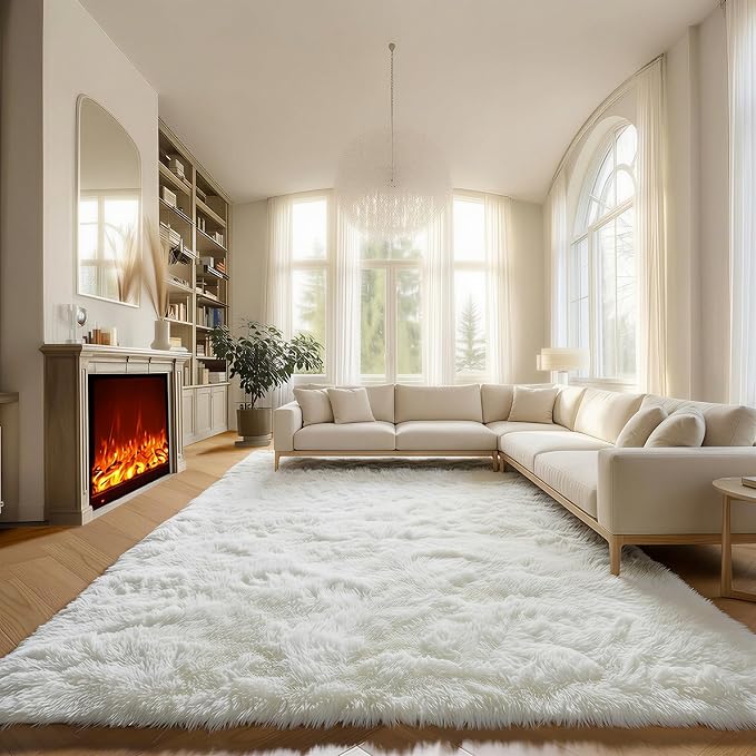 Cream White Area Rugs 9x12 Living Room, Ivory Large Fluffy Shag Bedroom Rug by ONASAR