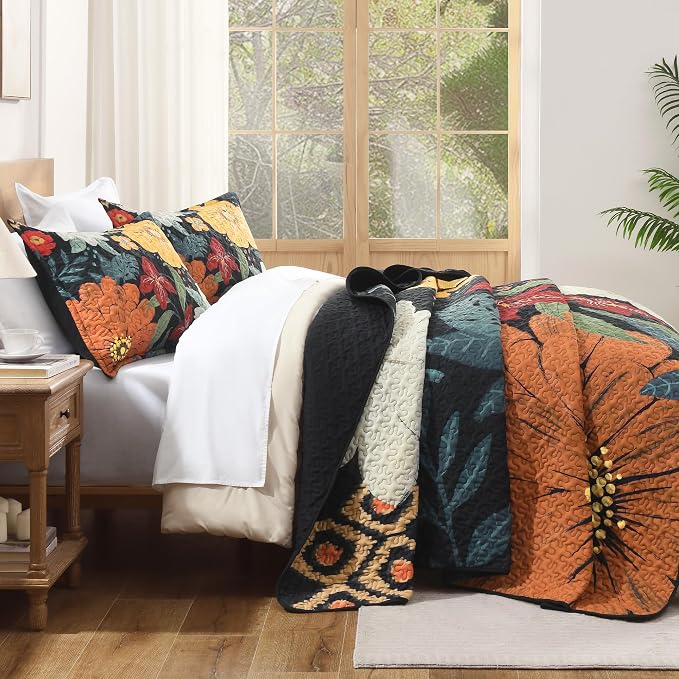 Oversized King Quilt Set Black, 128x120 Floral Super King Bedspread | 3 Pieces - Image 3