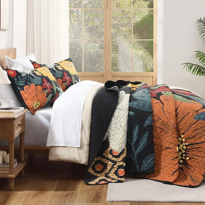 California King Quilt, Cal King Oversized Black Floral Bedspread | 3 Pieces - Image 3