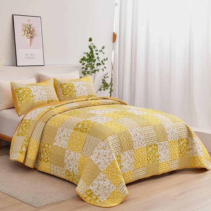 Mybedsoul Yellow Boho Quilt Set Twin Size Dorm Bedding, 2 Pieces Plaid Floral - Image 2