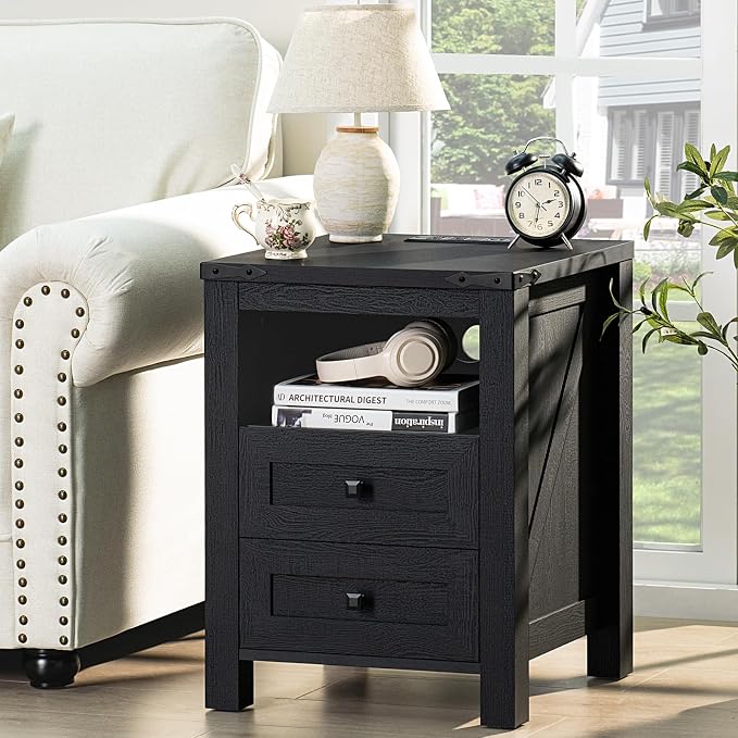 Joaxswe Nightstand with Charging Station and 2 Drawers, Farmhouse | Black Night - Image 3