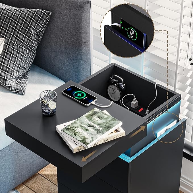 ADORNEVE Black Nightstand with Charging Station and LED Lights | Modern Night - Image 3