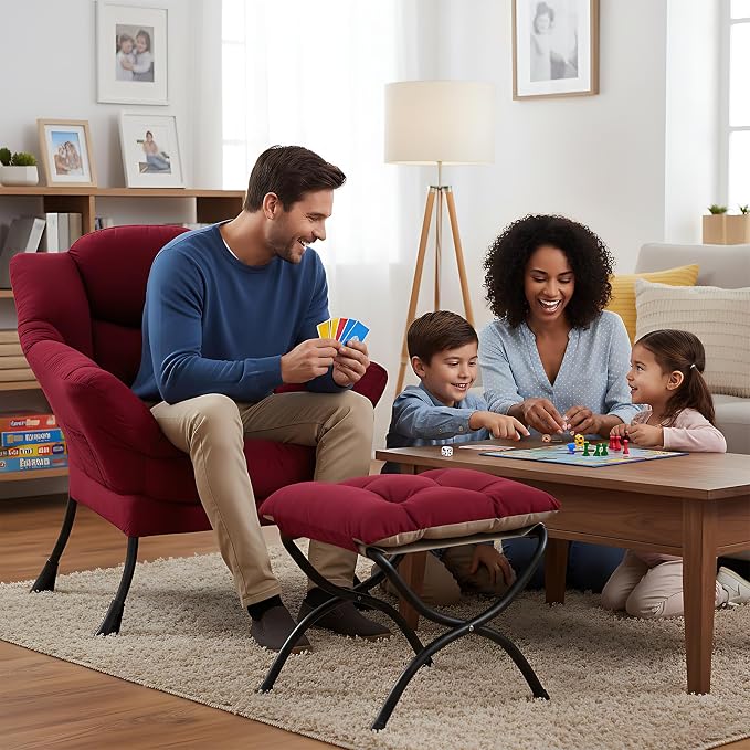 Welnow Lazy Chair with Ottoman, Reading Chair with Footrest, Burgundy | A Side - Image 2