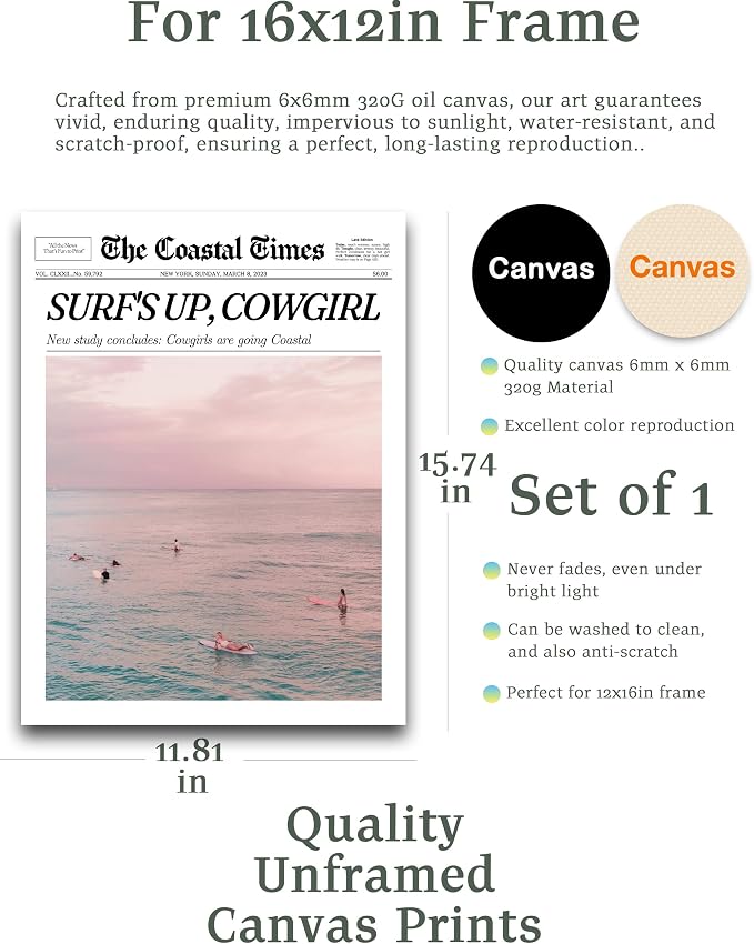iHery 12x16in Surf’s Up Cowgirl Unframed Newspaper Wall Art | Unframed Canvas - Image 2