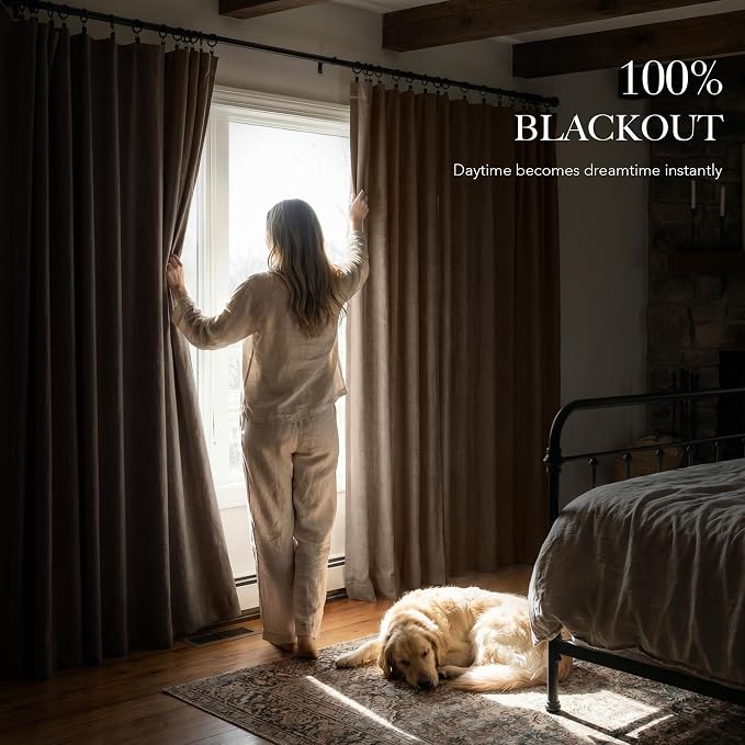 RYB HOME Brown Linen 100% Blackout Curtains 120 Inch Long - Image 3