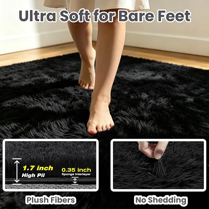 6x9 Fluffy Area Rug for Living Room: Soft Non-Slip Black Bedroom Carpet | Ultra - Image 7