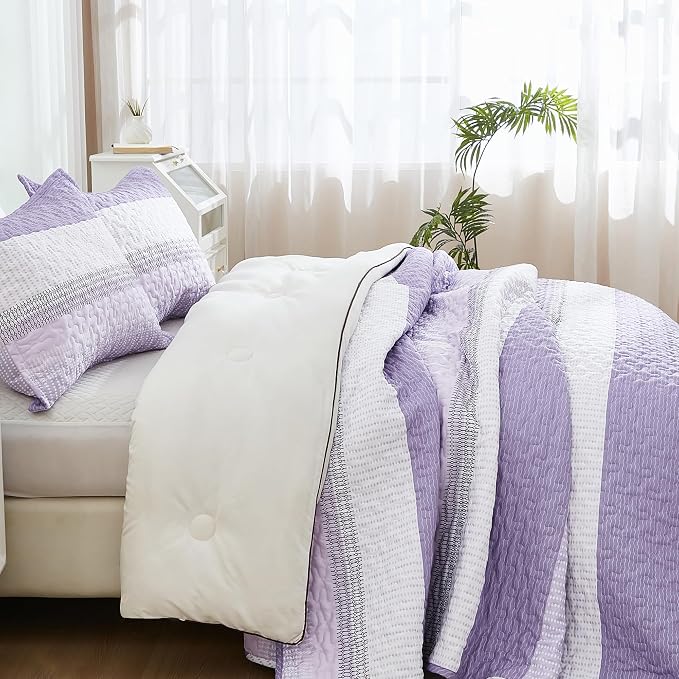 Queen Quilt Set Lavender, 3 Pieces Striped Bedspread | Ultra Soft Summer - Image 2