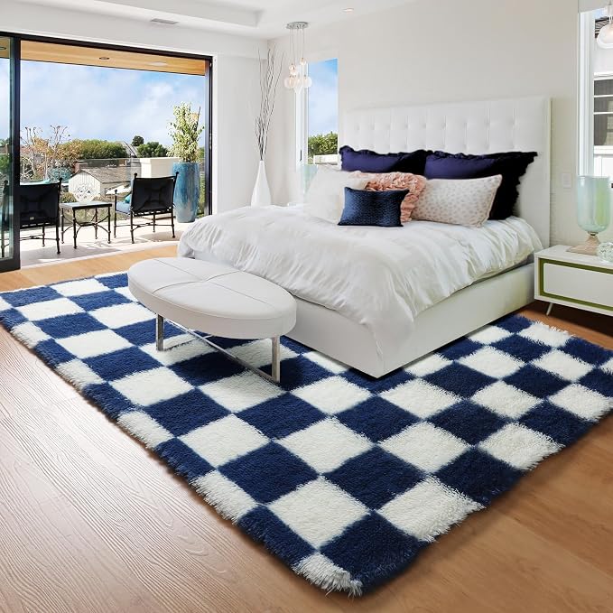 KICMOR Rugs for Living Room, Soft Fluffy Checkered Shag 5x8 Area Rug Large Big - Image 8