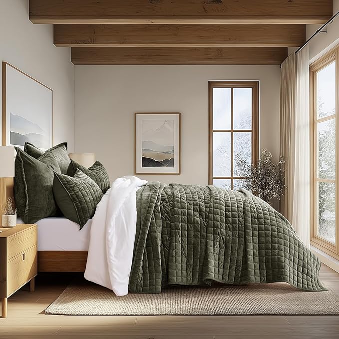 RECYCO Channel Box Stitch Velvet Quilt Set, Twin/Twin XL Size, Olive Green | by RECYCOHOMECOLLECTION