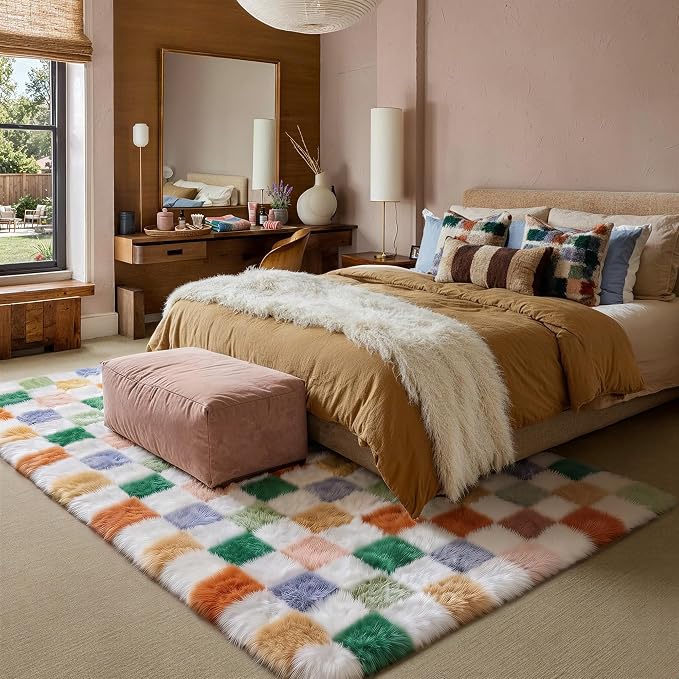 Colorful Area Rug 6x9 for Living Room Soft Checkered Shag Carpet | Machine - Image 5