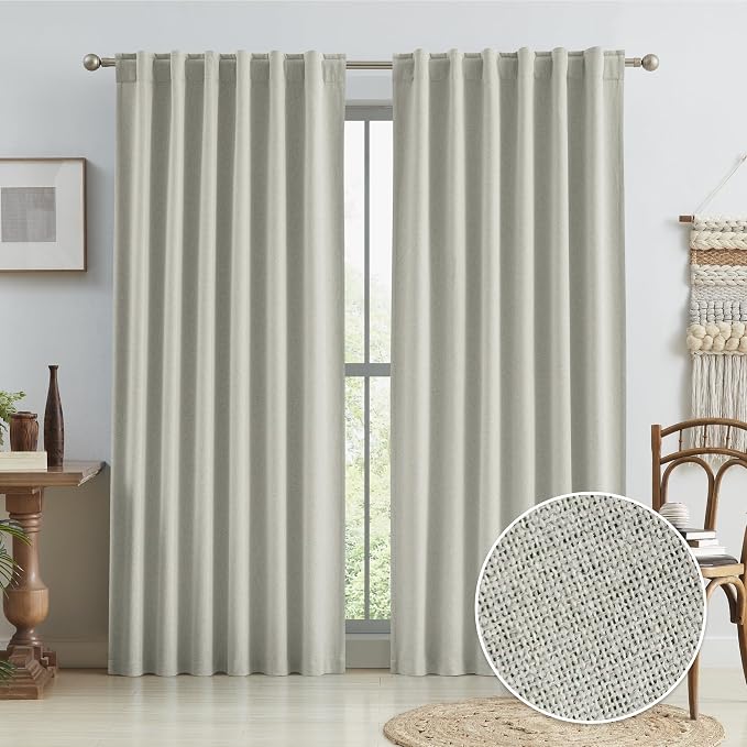 96 Inch Linen Textured Curtains 2 Panels Set, Back Tab Loop Pleated Track by KEQIAOSUOCAI