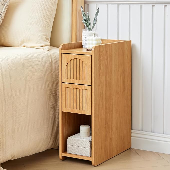 Narrow Nightstand Set of 2, Wooden Small 2 Drawer Nightstand, Slim Side End - Image 7