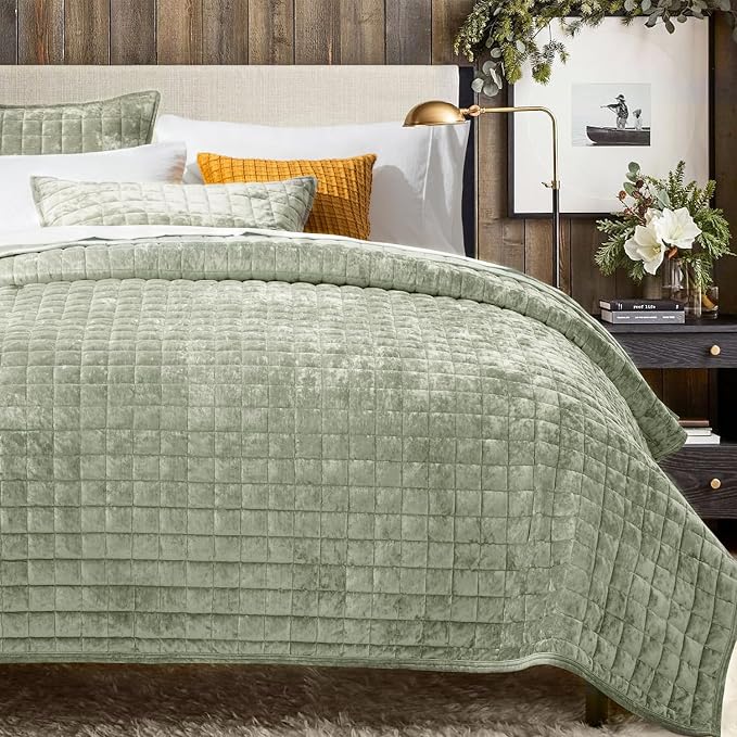 RECYCO Channel Box Stitch Velvet Quilt Set, King Size, Sage Green | Ultra Soft by RECYCOHOMECOLLECTION
