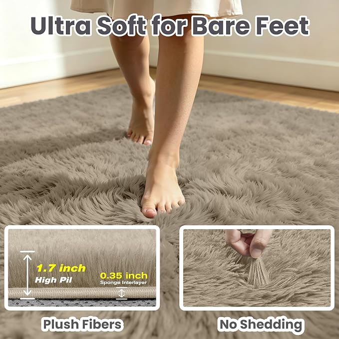 9x12 Fluffy Area Rug for Living Room: Non-Slip Grey Camel Bedroom Carpet | - Image 7