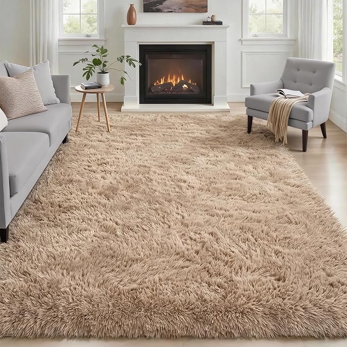 Area Rug Living Room Bedroom: 5x7 Fluffy Plush Shag Carpet Beige | by Luxturiy