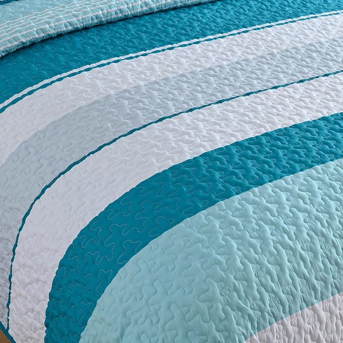 Dinjoy King Boho Striped Quilt Set, Teal Lightweight Bedspread Bedding | Soft - Image 9