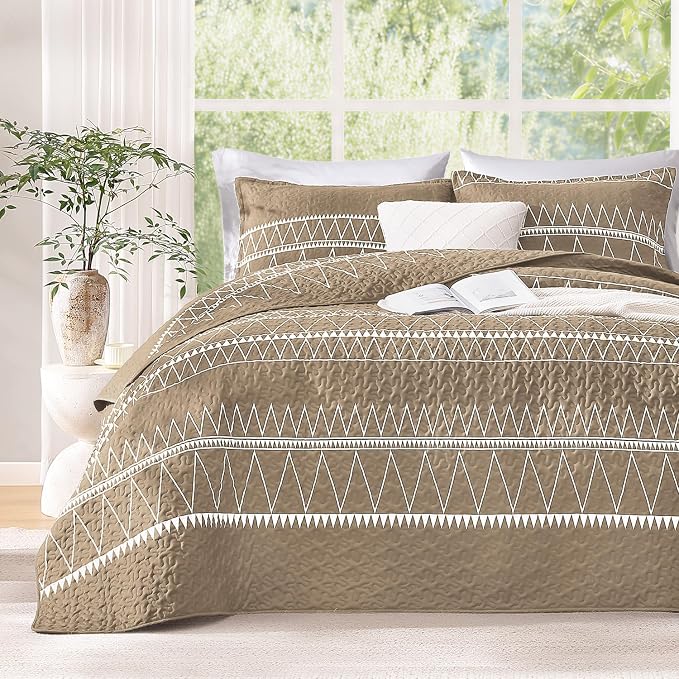 Taupe King Size Quilt Set, 3 Pieces Boho Striped Bedspread | Soft Lightweight - Image 2