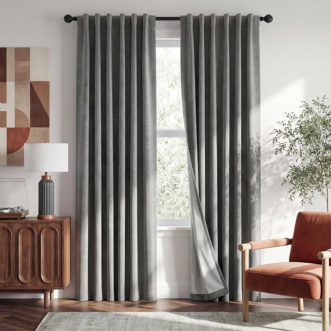 RYB HOME Grey 100% Blackout Linen Textured Curtains 102 Inch Long | Thermal by RYBHOME